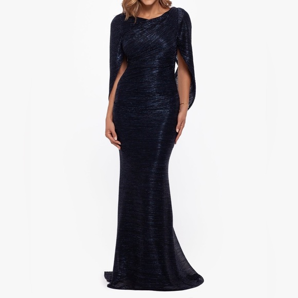 "ELAINE" LONG METALLIC CRINKLE COWL NECK BACK DRESS - Picture 1 of 5